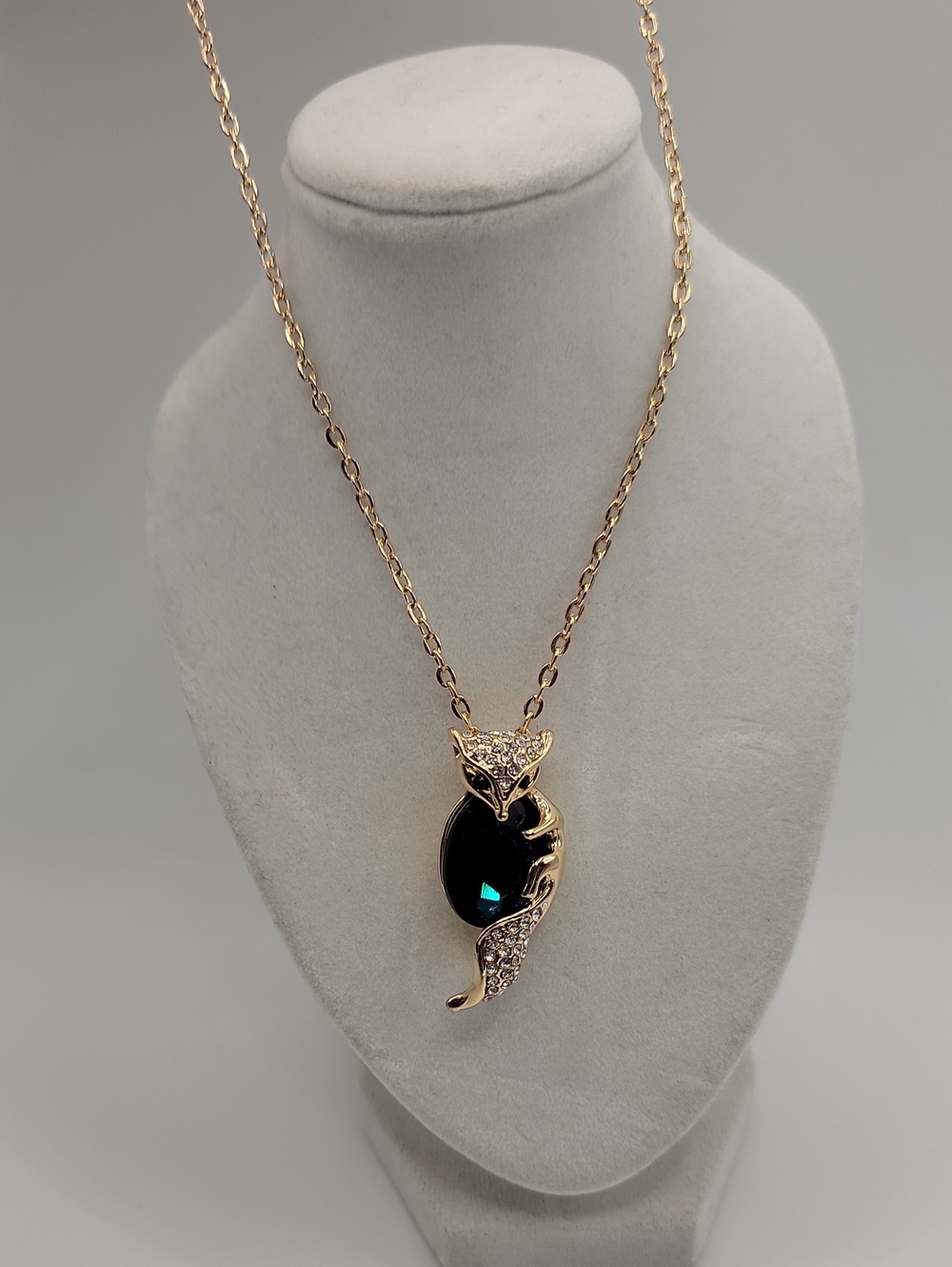 Gold-Tone Fox Pendant Necklace with Dark Blur Teardrop Stone Crystal NWOT